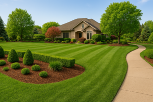 Clean Florida landscape with trimmed hedges, fresh mulch beds, and a curved stone pathway leading to a home