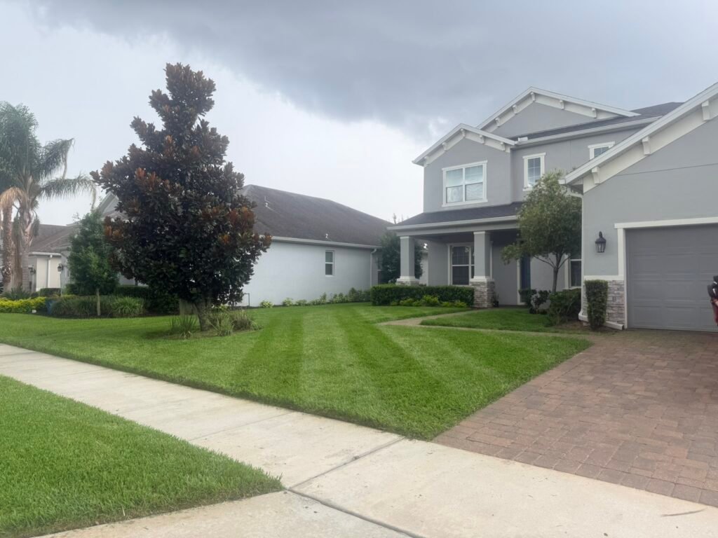 Freshly mowed residential lawn with professional striping and landscape maintenance at a home in Winter Garden, FL.