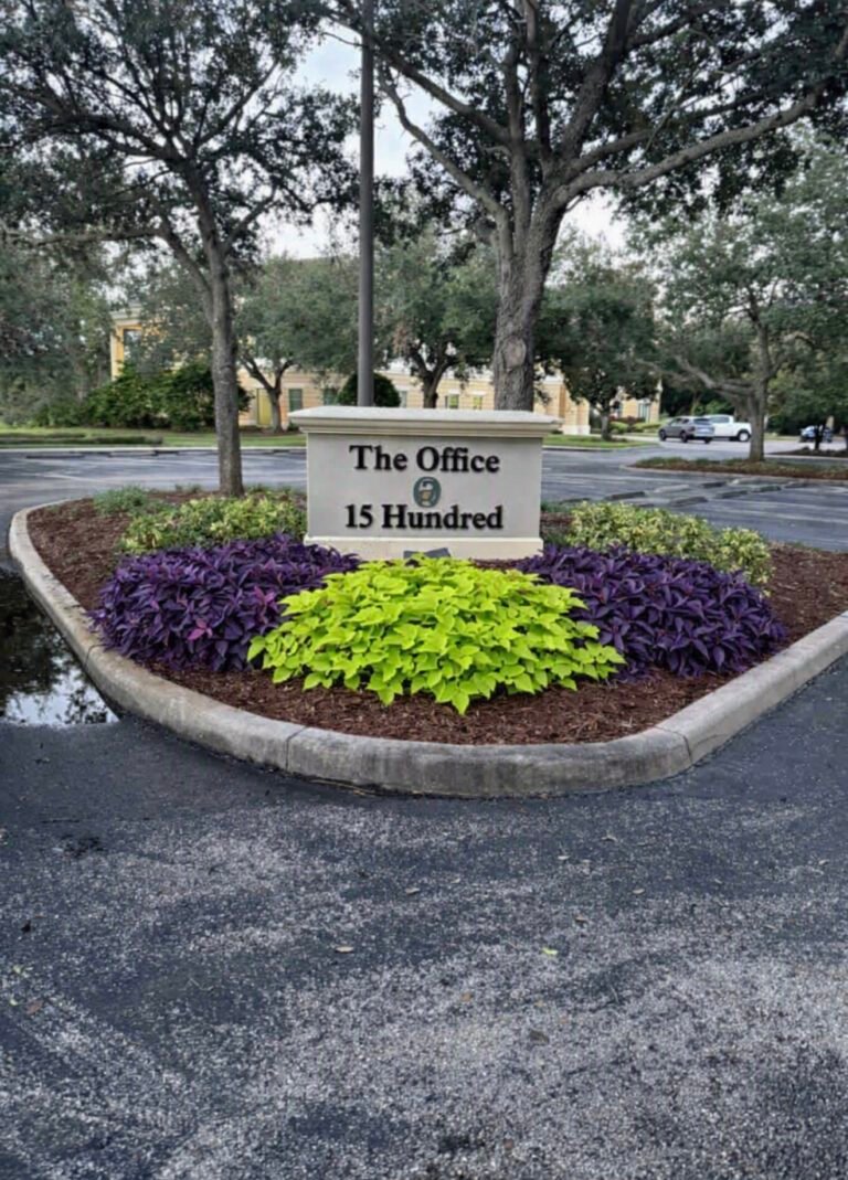 Commercial landscape design concept featuring professional landscaping, mulch beds, and ornamental plantings in Ocala, FL.