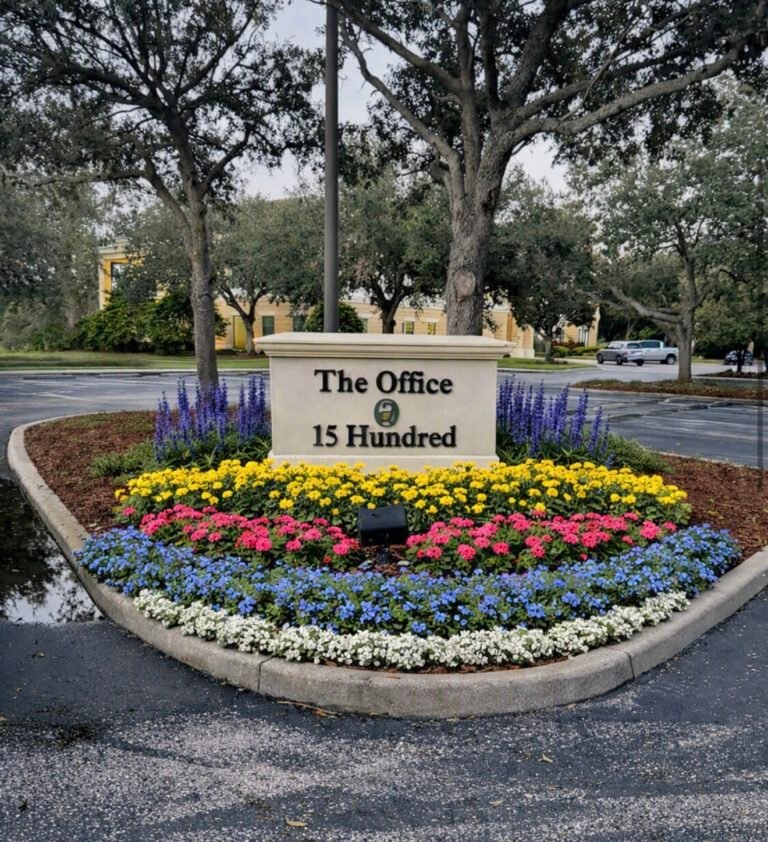 Before and after commercial landscape renovation concept showing upgraded plant materials and landscape improvements in Clermont, FL.