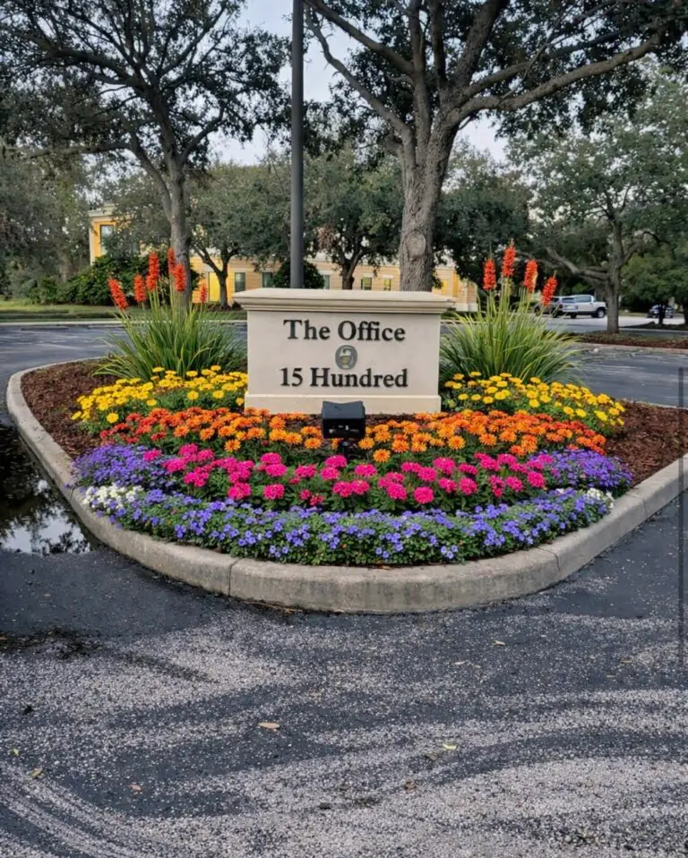 Commercial office landscape design featuring professional plant arrangements and decorative landscape beds in Ocala, FL