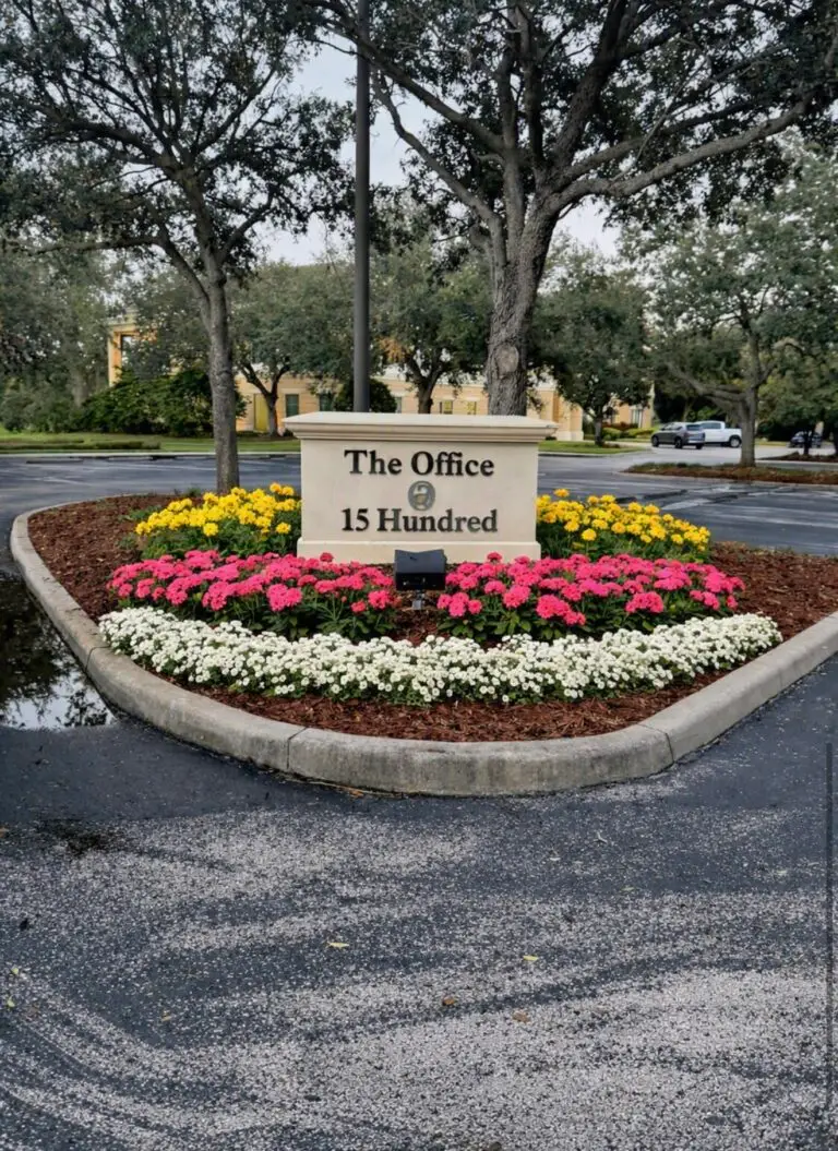Commercial retail center landscape design with colorful plantings, shrubs, and decorative landscape beds in Winter Garden, FL.